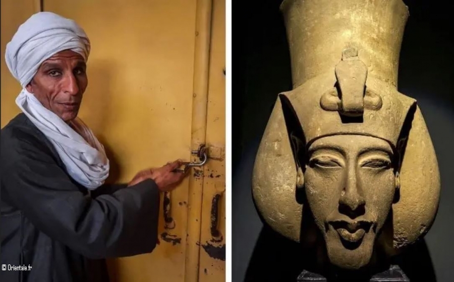 A g., le gardien du tombeau d'Akhenaton,  d. la statue d'Akhenaton