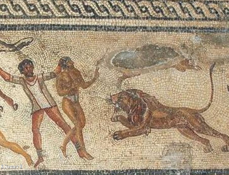 Mosaïque de gladiateurs représentant l'exécution de prisonniers garamantiens par les Romains
