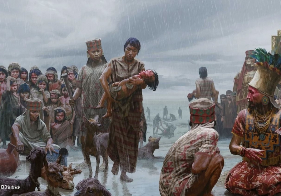 Dans cette scène reconstituée, un bourreau chimú attend une jeune victime du sacrifice collectif, à Huanchaquito Dans cette scène reconstituée, un bourreau chimú attend une jeune victime du sacrifice collectif, à Huanchaquito