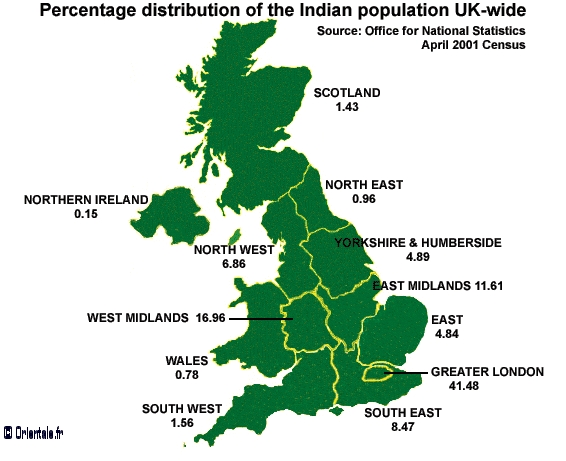 Carte de la population indienne des villes du Royaume-Uni
