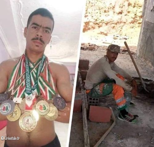 Le champion de boxe Kheireddine Bouzerba,  g. plein de mdailles,  d. au chantier!